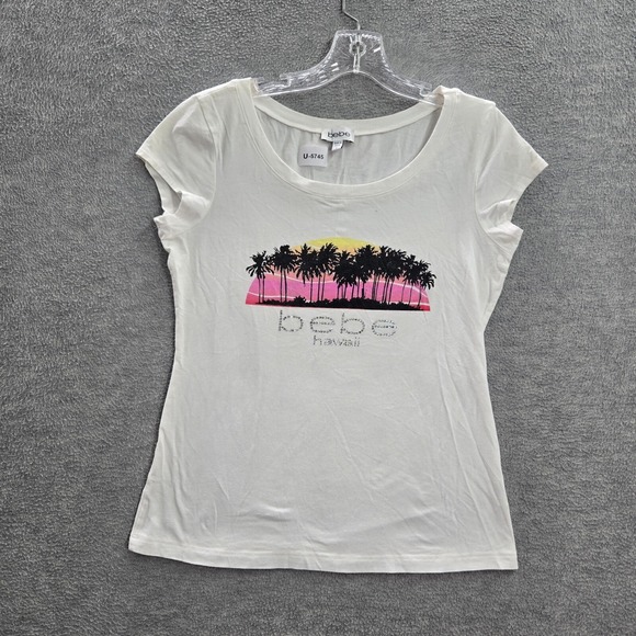 bebe Tops - VINTAGE Bebe Women Top Large White Graphic Rhinestone‎ Hawaii Shirt